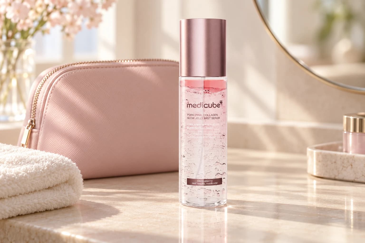 medicube Pink Collagen mist beside a blush makeup bag on a sunlit vanity